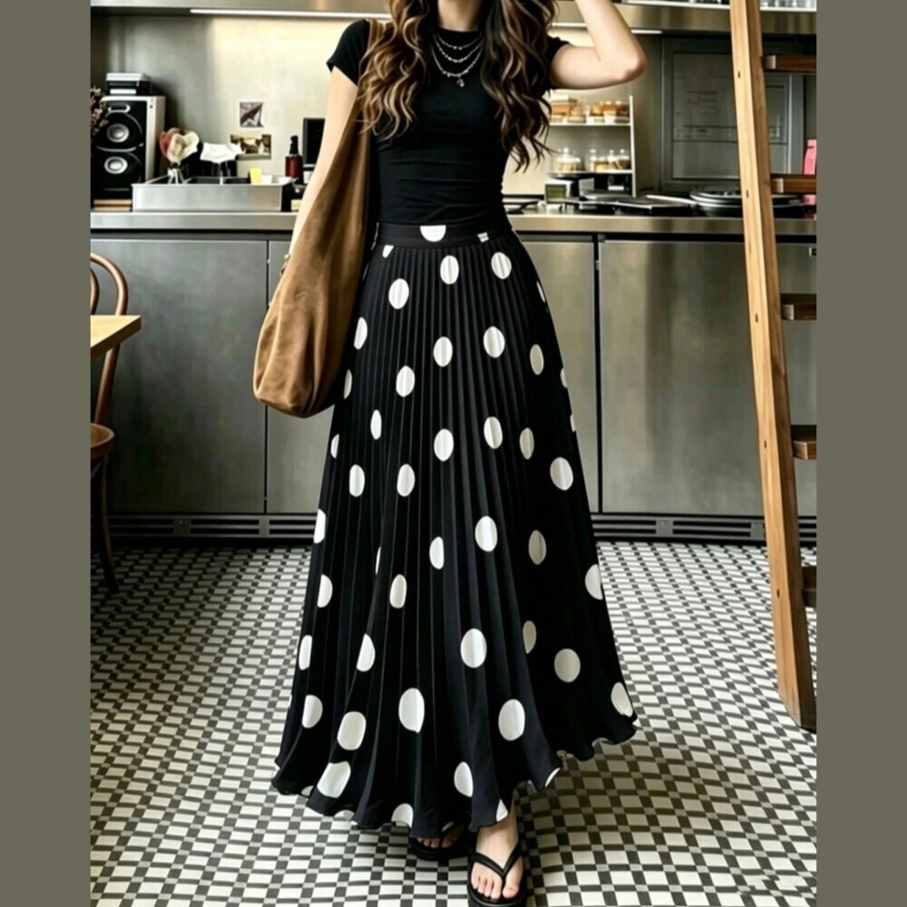 Black & White Polka Dot Pleated Maxi Skirt